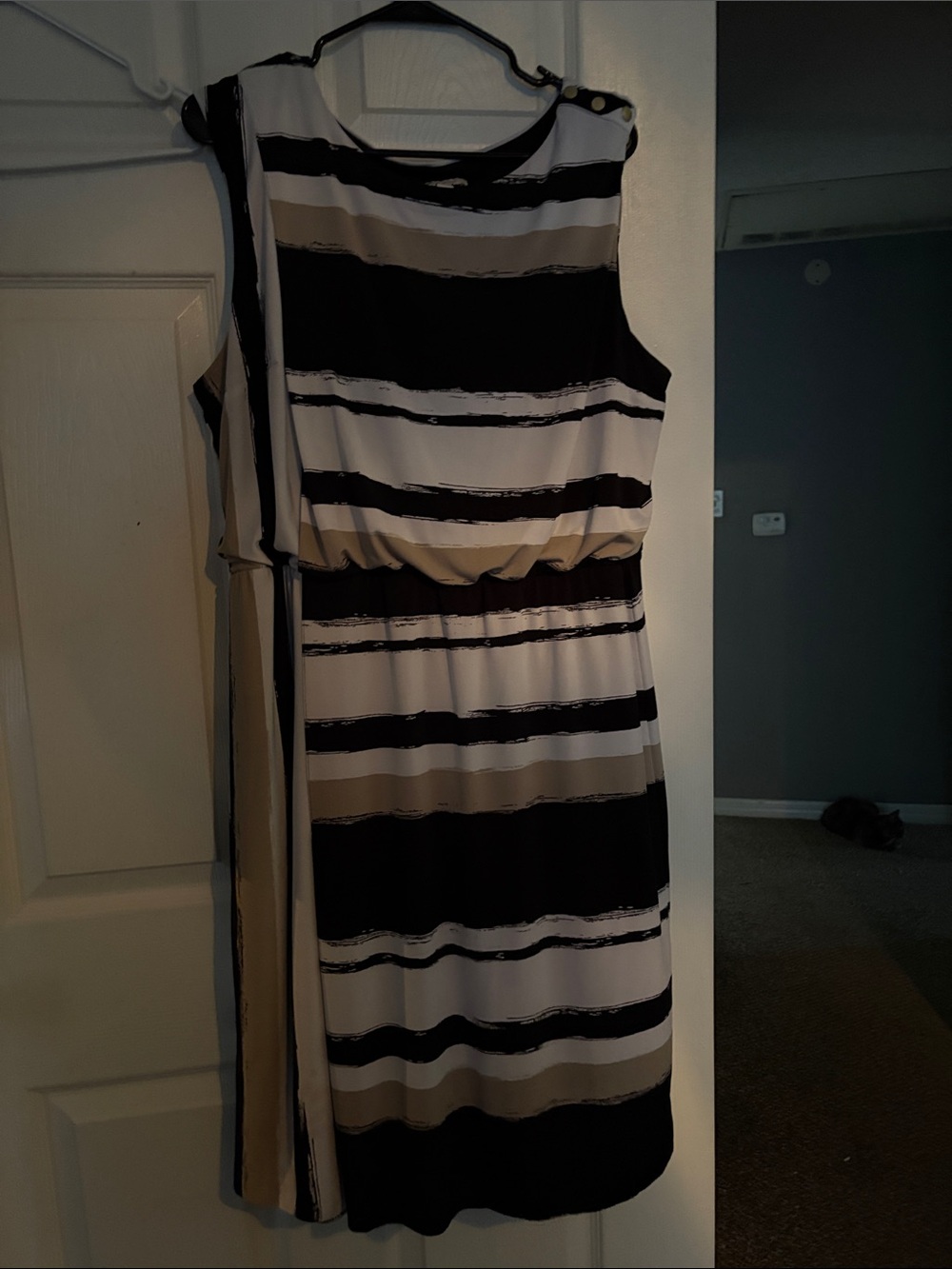 Sleeveless Striped A-Line Dress in Black, White & Beige